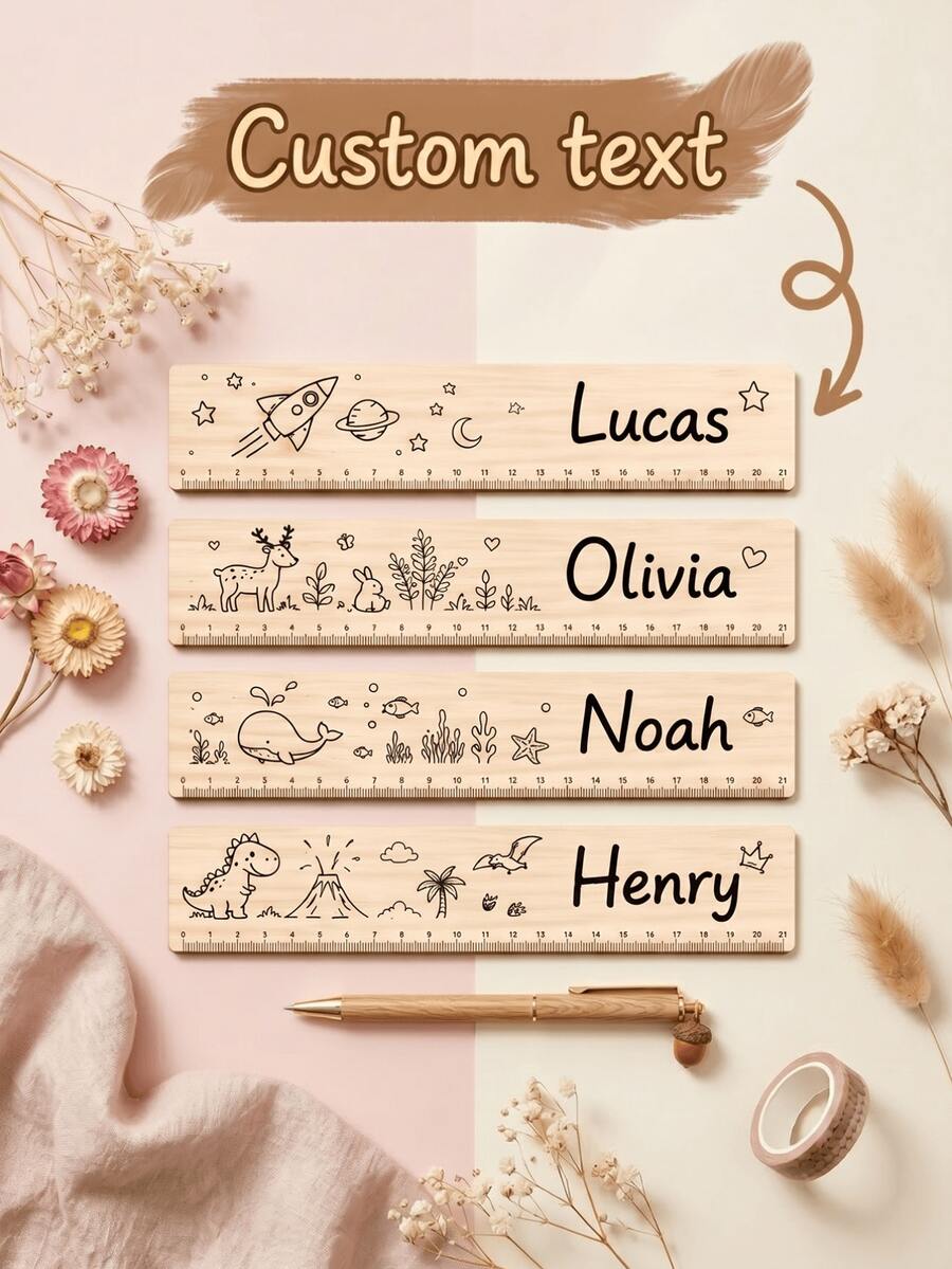 1pc Personalized Custom Wooden Ruler, Desktop Reading Guide And Learning Aid Tool, Customizable With Name And Fantasy Nature, Space Or Dinosaur Patterns, High-Quality Craftsmanship Measuring Tool, Office Supplies, Special Gift For Educators, Friends And Colleagues