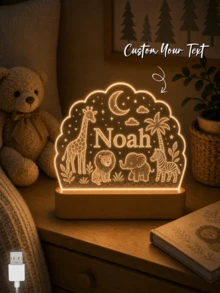 美學客製化姓名叢林動物 LED 小夜燈，USB 暖光壓克力燈，附木製底座，長頸鹿獅子大象設計，適合臥室裝飾，動物愛好者禮物 - 彩色 - 查看 1