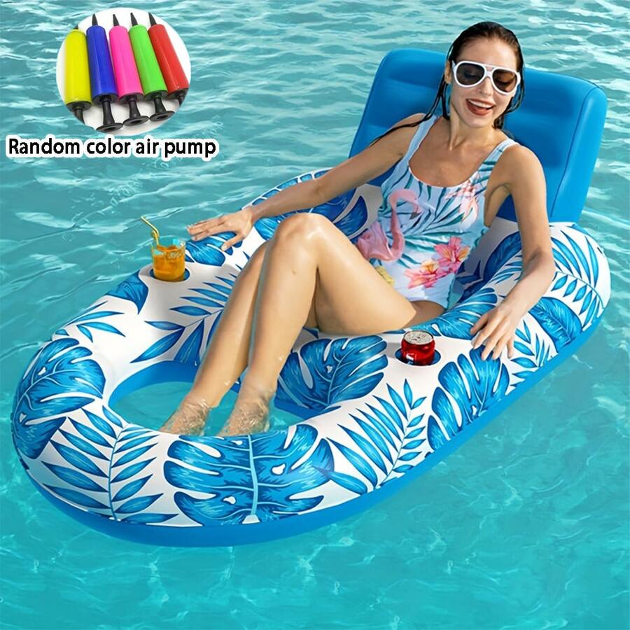 2pcs Inflatable Pool Float Lounge Chair With Air Pump, Inflatable Float Bed With Pillow, Tropical Plant Print Adult Lounge Float, Suitable For Pool, Lake, River, Beach Leisure, Summer Pool Party, Backyard Water Play, Vacation Sunbathing, Reading, Drinking, Relaxing, Full Body Support, Pool Supplies, Beach Essentials, Ideal Gift For Water Sports Enthusiasts