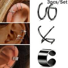 SENLANSP 3PCS 316L Stainless Steel Minimalist Smooth Cross Double Line Clip Earrings, Unisex, Suitable For Daily Wear, Party And Gifting - 3pcs - View 3