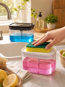 Useful Kitchen Soap Dispenser Sponge Holder 2-In-1 Manual Press Liquid Soap Pump Countertop Sink Organizer Caddy Cleaning Detergent Storage Case,Kitchen Accessories, Kitchen Storage Racks - Multicolor - View 2