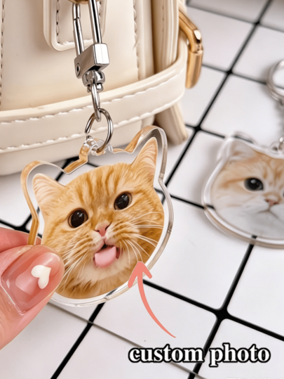 2D Flat Customized Pet Photo Keychain - Personalized Heart-Shaped Acrylic Keychain With Sturdy Lobster Clasp; Designed For Pet Lovers, Upload Your Cat Or Dog Photo; Unique Women's Birthday Gift, Anime Style Design With Vibrant Colors.