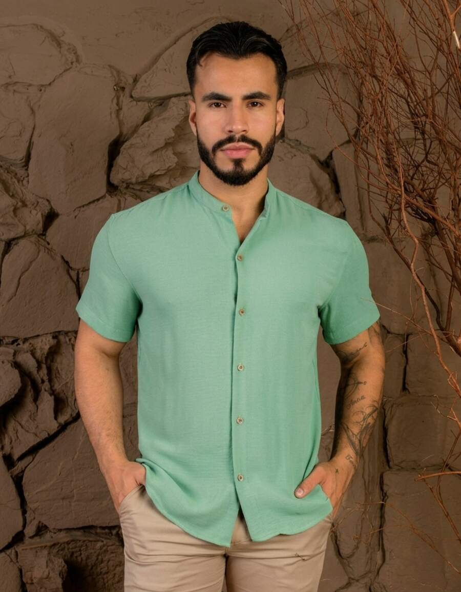Men's Short-Sleeve Shirt With Mandarin Collar, Lightweight For Work And Leisure - 水綠色 - 查看 1