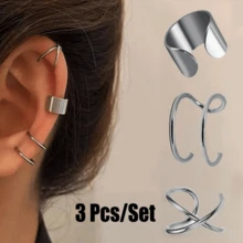 SENLANSP 3PCS 316L Stainless Steel Minimalist Smooth Cross Double Line Clip Earrings, Unisex, Suitable For Daily Wear, Party And Gifting - 3pcs - View 4