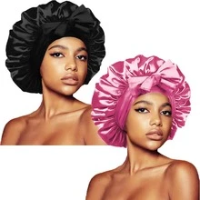 ZTZI 2Pcs Bow Decor Satin Hair Bonnet, Soft Elastic Sleep Cap, Large Size Night Hair Wrap For Curly Natural Long Hair Women - UM2pcs Bow-tie Round Hat - View 18