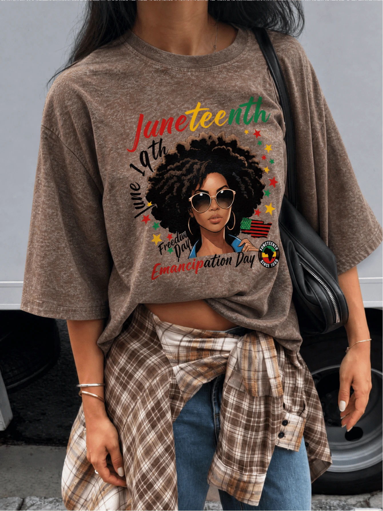 Acid Wash Regular Fit Short Sleeve T-Shirt, INS Style "Juneteenth" Graphic Print, Brown Vintage Heavyweight Washed Street Style Top Casual Summer