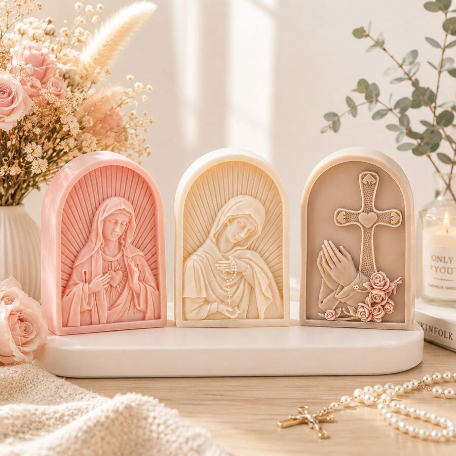 Zhonghui Mold 3D Virgin Mary Silicone Mold Religious Candle Mold Sacred Heart Cross Design DIY Candle Making Resin Plaster Home Decor Gift