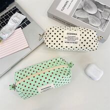 1pc Back To School Simple Polka Dot Pencil Case Lightweight Canvas Zipper Pen Bag, Large Capacity Stationery Storage Pouch, Fashion Dot Print Student Pen Organizer For Middle High School Girls - Pencil Case - View 2