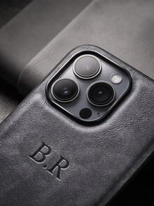 客製化個性化姓名手機殼，相容 iPhone 11 12 13 14 15 16 17 18 Pro Max Plus 17 Air，3D DIY 雕刻字母縮寫姓名，奢華商務經典 PU 皮革防震殼，適合情人、朋友、家人及自己的節日禮物 - 灰色 - 查看 2