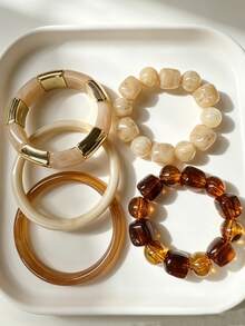 1/4/5 piezas Conjunto de pulseras de estilo vintage de dinero antiguo con cuentas minimalistas de resina ABS, adecuado para el uso diario de mujeres, citas exageradas, accesorio versátil y elegante para la temporada de vacaciones, regalo perfecto para fiestas y cumpleaños - Multicolor - Ver 5