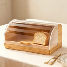 1pc Wooden Bread Storage Box With Transparent Flip Cover, Dust-Proof And Moisture-Locking. Large Capacity Design, Can Store All Kinds Of Bread, Smooth Opening And Closing, Keep Food Clean And Hygienic - Multicolor - View 6