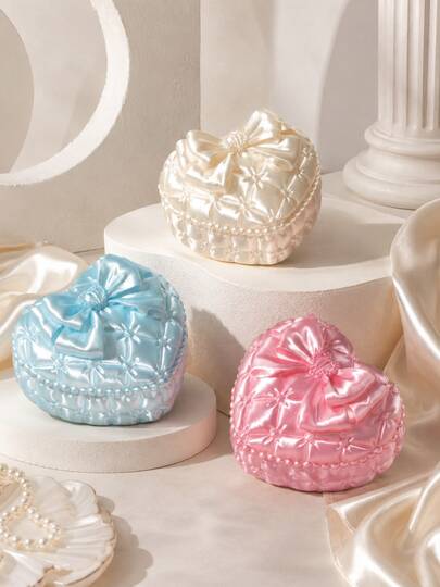 1 Pc Heart Shaped Bow Jewelry Storage Box, Satin Silk Texture Pearl Gloss Trinket Organizer For Rings Earrings Necklaces, Vintage Princess Style Vanity Decor Gift Box,Room Decor,Jewelry Organzier,Jewelry Holder,Jewelry Tray,Gifts For Women