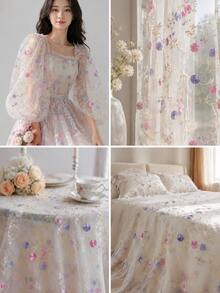 50cm / 1yd / 3yd / 5yd Transparent White Tulle Fabric – 51.1" Wide – Pink And Lavender 3D Pom Pom Floral Embroidery With Gold Vine Stems – Suitable For Princess Party Dresses, Wedding Table Decor - 1 - View 6