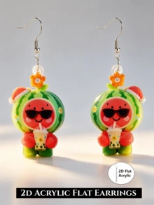 2D Flat Cute Watermelon Doll Dangle Earrings, Fun Summer Fruit Fashion Glasses Milk Tea Style Acrylic Earrings, Novel Party Jewelry Gift Suitable For Beach Vacation, Party And Daily Wear, Christmas / Thanksgiving, And Other Holiday Occasions To Wear Or Give As Gifts - Watermelon Doll - View 7