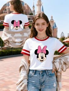 Disney Minnie Mouse Big Pink Bow Print Crew Neck Short-Sleeved T-Shirt For Women, Summer Color-Blocked Top (Girls'Tops/Women's Clothing/Casual Tops) - White - View 1