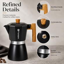 FRAISIN Cafetera Moka para Estufa, Cafetera de Espresso de Aleación de Aluminio de 3/6/12 Tazas con Mango de Madera Real, Cafetera de Espresso Estilo Italiano Clásico, Regalo Listo para Amantes del Café - Negro - Ver 8