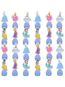 New Princess-Themed Cake Topper Set, Paper Material, Pink, Blue, And Purple Colors, Cartoon Princess Castle Design, Birthday Party Dessert Table Decoration - Multicolor - View 6
