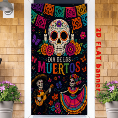 Bandera 2D, Fondo de un Pancarta con Tema del Día de Muertos Mexicano, con Calaveras de Azúcar, Marionetas de Esqueleto Bailando y Decoraciones de Flores de Papel Cortadas de Colores, Hecha de Tela de Poliéster, No Requiere Fuente de Alimentación