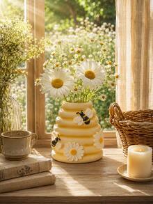 1 Stück Waben-Vase, Gänseblümchen & Bienen Design, süße gelbe dekorative Vase, geeignet für frische oder künstliche Blumen, Landhausstil Tischdekoration, Frühlings-/Sommer Wohnzimmer, Schlafzimmer, Küche, Büro Heimdekoration, Geschenk für Bienenliebhaber - 1PC - Übersicht 2