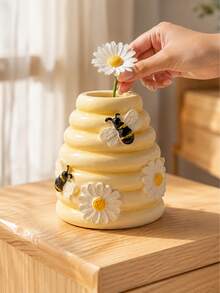 1 Stück Waben-Vase, Gänseblümchen & Bienen Design, süße gelbe dekorative Vase, geeignet für frische oder künstliche Blumen, Landhausstil Tischdekoration, Frühlings-/Sommer Wohnzimmer, Schlafzimmer, Küche, Büro Heimdekoration, Geschenk für Bienenliebhaber - 1PC - Übersicht 1