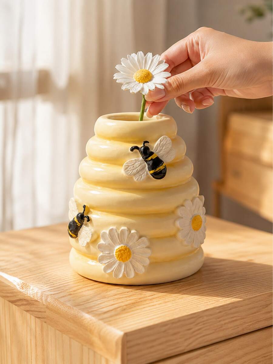 1 Stück Waben-Vase, Gänseblümchen & Bienen Design, süße gelbe dekorative Vase, geeignet für frische oder künstliche Blumen, Landhausstil Tischdekoration, Frühlings-/Sommer Wohnzimmer, Schlafzimmer, Küche, Büro Heimdekoration, Geschenk für Bienenliebhaber - 1PC - Übersicht 1