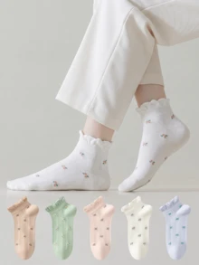 ZUJO 5 Pairs Women's Short Socks, Floral Pattern, Suitable For Year-Round Family Travel, Simple And Comfortable, Random Colors - Multicolor - View 2
