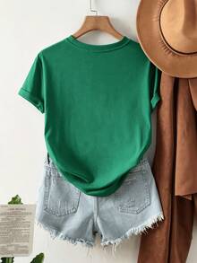 Women's Cotton T-Shirt With A Round Neck And Short Sleeves, Printed With The Letters NY. Comfortable And Breathable, Versatile For Casual Looks, Ideal For Everyday Wear In Spring And Summer. - 綠色 - 查看 2