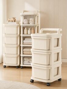 1pc Cream-Color Plastic Drawer Storage Cabinet With Wheels, Suitable For Storing Snacks, Toys, Cosmetics And Various Other Items, Great For Home Organization - Multicolor - View 5