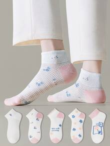 ZUJO 5 Pairs Women's Short Socks, Floral & Ditsy Pattern, Suitable For Spring, Autumn, Summer Daily Wear, Simple And Comfortable, Random Color - Multicolor - View 3