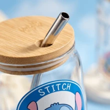 [Officially Licensed]Disney Stitch Glass Cup With Bamboo Lid And Straw | Cute Cartoon Tumbler Can Shaped Drinking Cup | Kawaii Iced Coffee Cup Gift For Lilo And Stitch Fans - Multicolor - View 2
