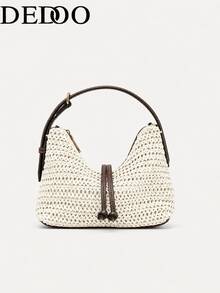 Dedoo Woven Handbag, Solid Color Pattern, Drawstring Design, Lightweight Large Capacity Bag, Bohemian Vacation Style, Beach Travel Summer Women's - Beige - View 3