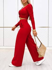 Solid Color High-Waisted Trousers, Casual And Versatile For Everyday Wear, For Spring - Red - View 5