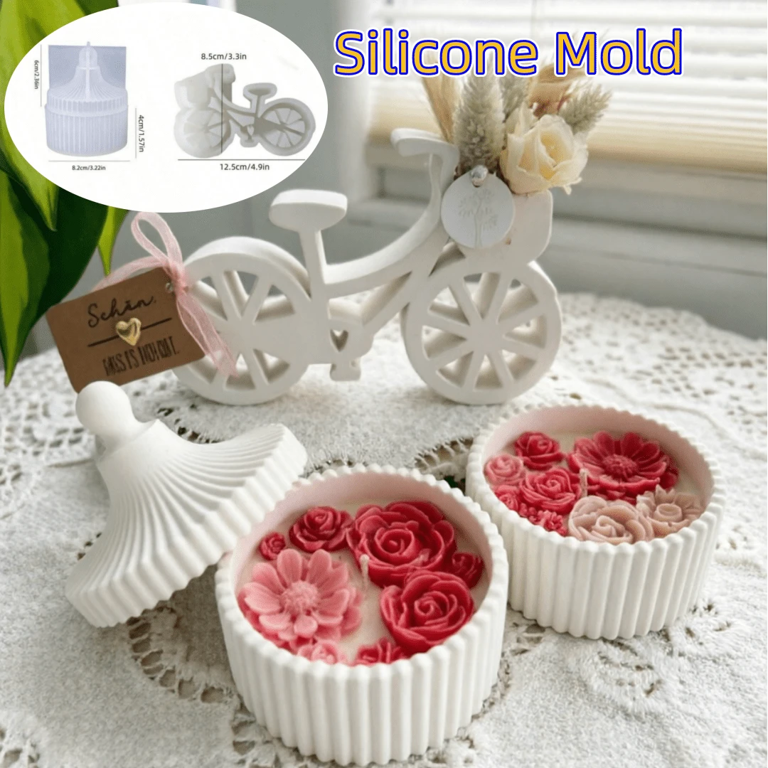 3pcs Set DIY Resin Mold Bicycle Ornament Mold, Candle Jar Round Striped Jewelry Storage Box Mold, Suitable For Making UV Epoxy Resin Plaster Concrete Storage Box, Home Decor Ornament, Concrete Flower Pot - 3PC Set - View 1