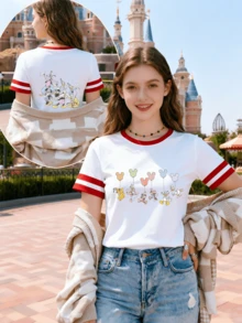 Disney Mickey Mouse Family - Mickey,Minnie, Donald Duck,Goofy, Pluto, Balloon Print Summer Short-Sleeve Tops (Girls'Tops/Women's Clothing/Casual Tops) - 白色 - 查看 1