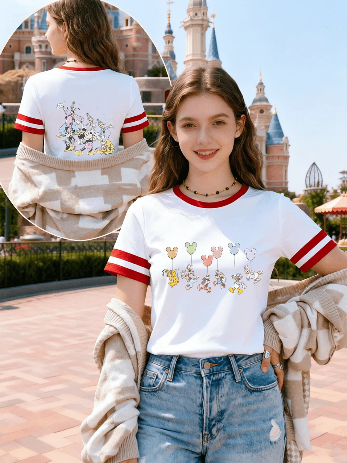 Disney Mickey Mouse Family - Mickey,Minnie, Donald Duck,Goofy, Pluto, Balloon Print Summer Short-Sleeve Tops (Girls'Tops/Women's Clothing/Casual Tops) - 白色 - 查看 1