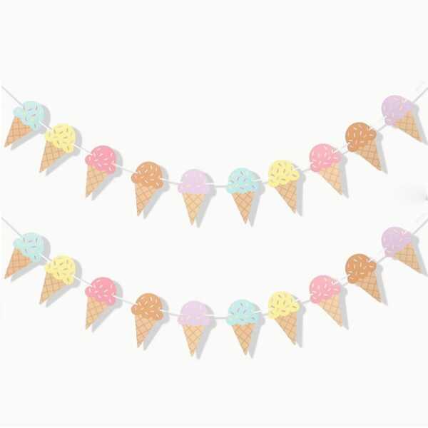 2pcs Colorful Ice Cream Cone Banner Decoration, Summer Party Kids Birthday Ice Cream Theme Decor, Baby Shower Decoration