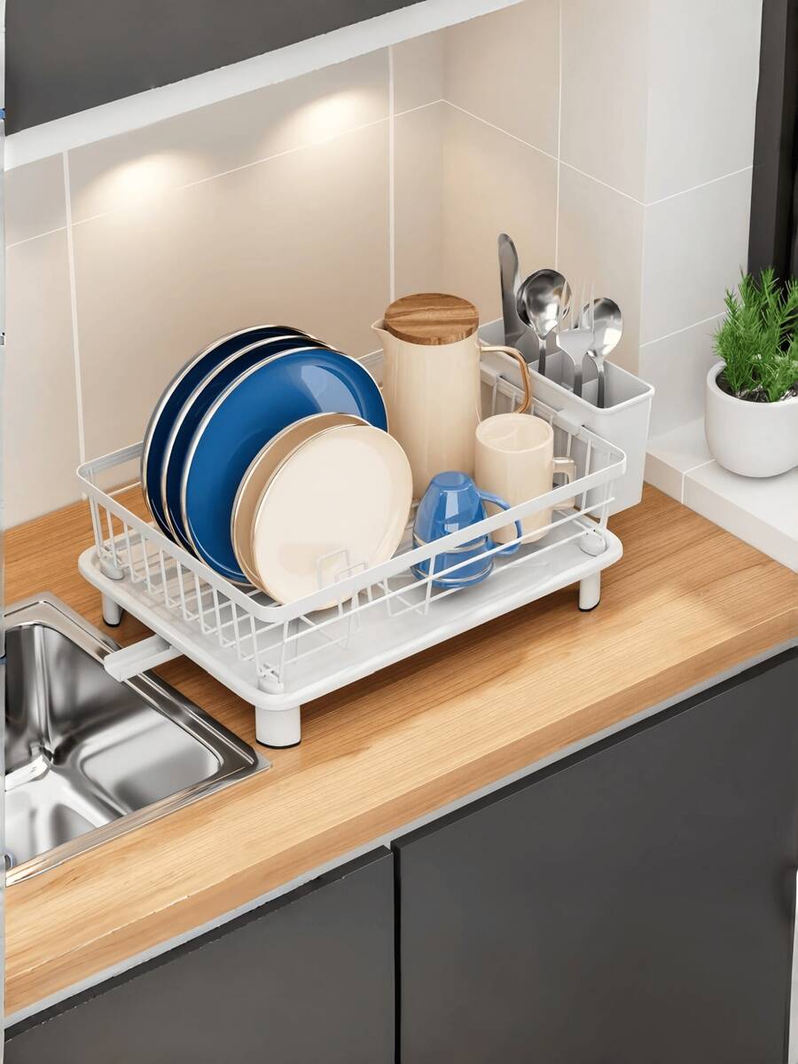 1PC White Dish Rack, 11.81*16.73 Inch Kitchen Dish Drainer With Automatic Drainage Tray, Space Saving Countertop Dish Drying Rack, Plate Bowl Cup Holder Organizer, Kitchen Storage Rack, Modern Home Essentials, Sink Organizer, Kitchen Accessories - White - View 1