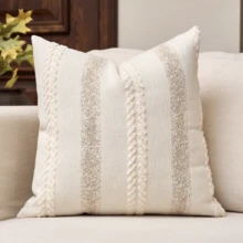 1pc Chenille Striped Decorative Pillow Cover, No Pillow Insert Included, Super Soft Modern Decor Cushion Cover For Sofa, Suitable For All Seasons, Also Can Be Used As A Gift. - Beige - View 11