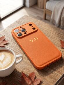 個性化客製化字母姓名手機殼，適用於 iPhone 17 16 15 14 13 Pro Max Plus Air，3D 壓紋奢華荔枝紋 PU 皮革保護殼，理想禮物 - 橘色 - 查看 5
