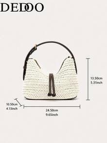 Dedoo Woven Handbag, Solid Color Pattern, Drawstring Design, Lightweight Large Capacity Bag, Bohemian Vacation Style, Beach Travel Summer Women's - Beige - View 6