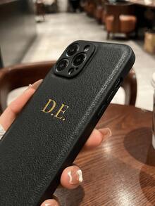 客製化縮寫姓名 3D DIY 刻字手機殼，韓系奢華軟皮革防震保護殼，燙金設計，情侶好友家人節日禮物，老錢風美學，父親節禮物，生日禮物 - 黑色 - 查看 6