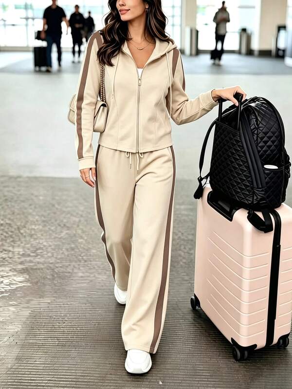 Women's Autumn/Winter Hooded Colorblock 2 Pieces Set, Zipper Pocket Drawstring Top + Straight Leg Pants, Suitable For Office And Casual Wear Elegant