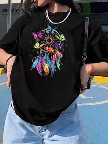 Women's Casual T-Shirt With Dreamcatcher And Butterfly Print, Black, Short Sleeve, Round Neck, Drop Shoulders, Medium Elastic Knit Fabric For Everyday Wear - 黑色 - 查看 1