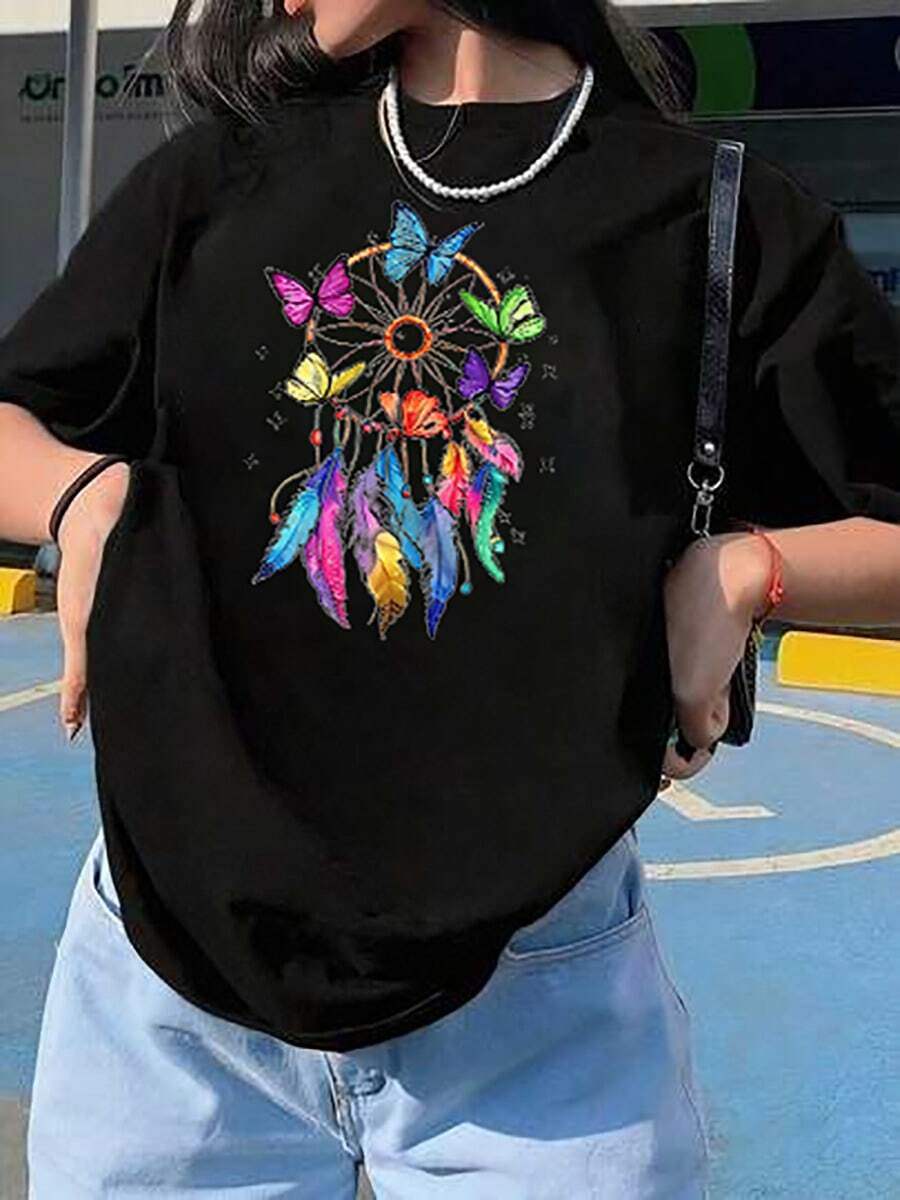 Women's Casual T-Shirt With Dreamcatcher And Butterfly Print, Black, Short Sleeve, Round Neck, Drop Shoulders, Medium Elastic Knit Fabric For Everyday Wear - 黑色 - 查看 1