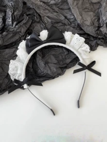 6件組法式復古蕾絲純真蝴蝶結Cosplay女僕髮夾可愛髮箍套裝，外出用髮箍 - 彩色 - 查看 4