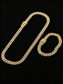 9mm Shiny Chunky Chain Design Rhinestone Studded Hip Hop Bracelet + Necklace Set, Suitable For Daily Wear And Party Decoration - Hip Hop Necklace Set - View 8