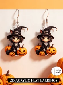 2D Gothic Style Halloween Pumpkin Black Cat Earrings, Acrylic Ear Jewelry, Suitable For Party And Gift - Pumpkin Black Cat - View 5