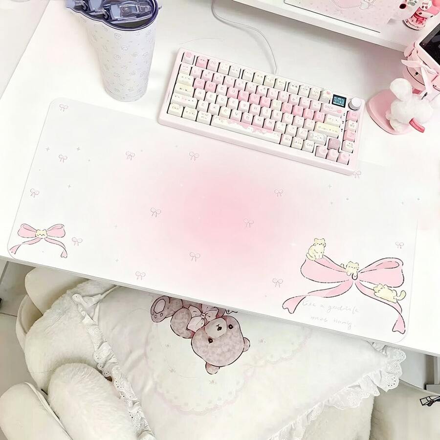 韓系簡約 Ins 風貓咪全螢幕蝴蝶結漸層粉色小貓 PU 皮革滑鼠墊,辦公桌墊,電腦快速滑動地墊,電競筆電鍵盤墊,防滑 - 查看 1