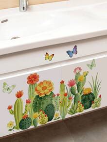 A Refreshing Watercolor Cactus Wall Sticker, Perfect For Decorating Your Bedroom, Living Room, Or Hallway Baseboards. Featuring Forest-Style Tropical Flowers, Green Plants, And Butterflies, It's Great For Creating A Fresh And Natural Home Vibe. - Wall Stickers - View 3