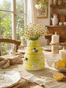 1 Stück Waben-Vase, Gänseblümchen & Bienen Design, süße gelbe dekorative Vase, geeignet für frische oder künstliche Blumen, Landhausstil Tischdekoration, Frühlings-/Sommer Wohnzimmer, Schlafzimmer, Küche, Büro Heimdekoration, Geschenk für Bienenliebhaber - 1PC - Übersicht 6